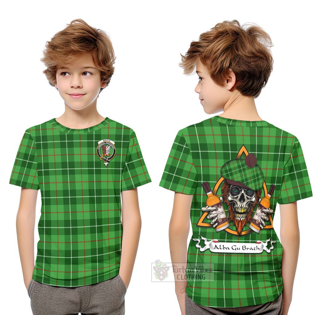 Tartan Vibes Clothing Boyle Tartan Kid T-Shirt with Family Crest and Bearded Skull Holding Bottles of Whiskey