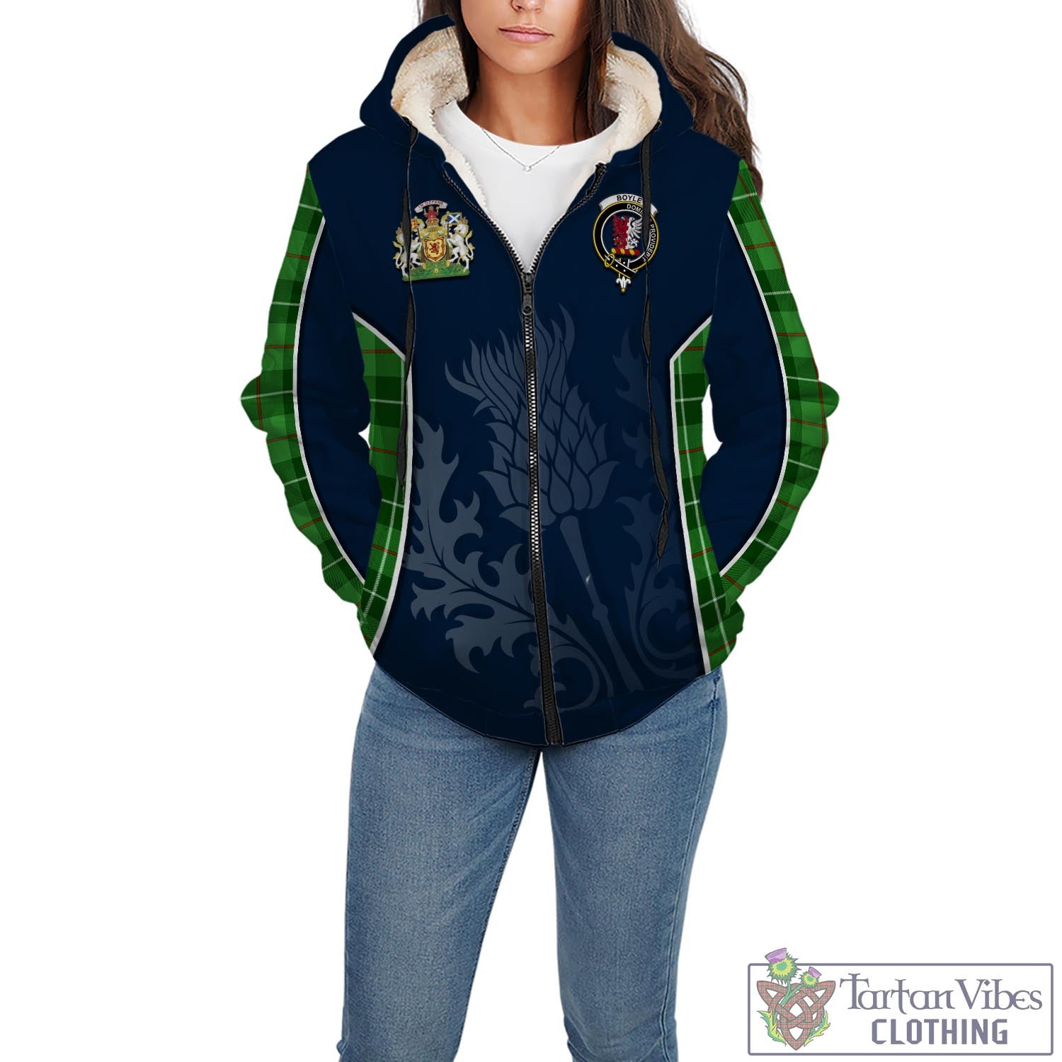 Tartan Vibes Clothing Boyle Tartan Sherpa Hoodie with Family Crest and Scottish Thistle Vibes Sport Style