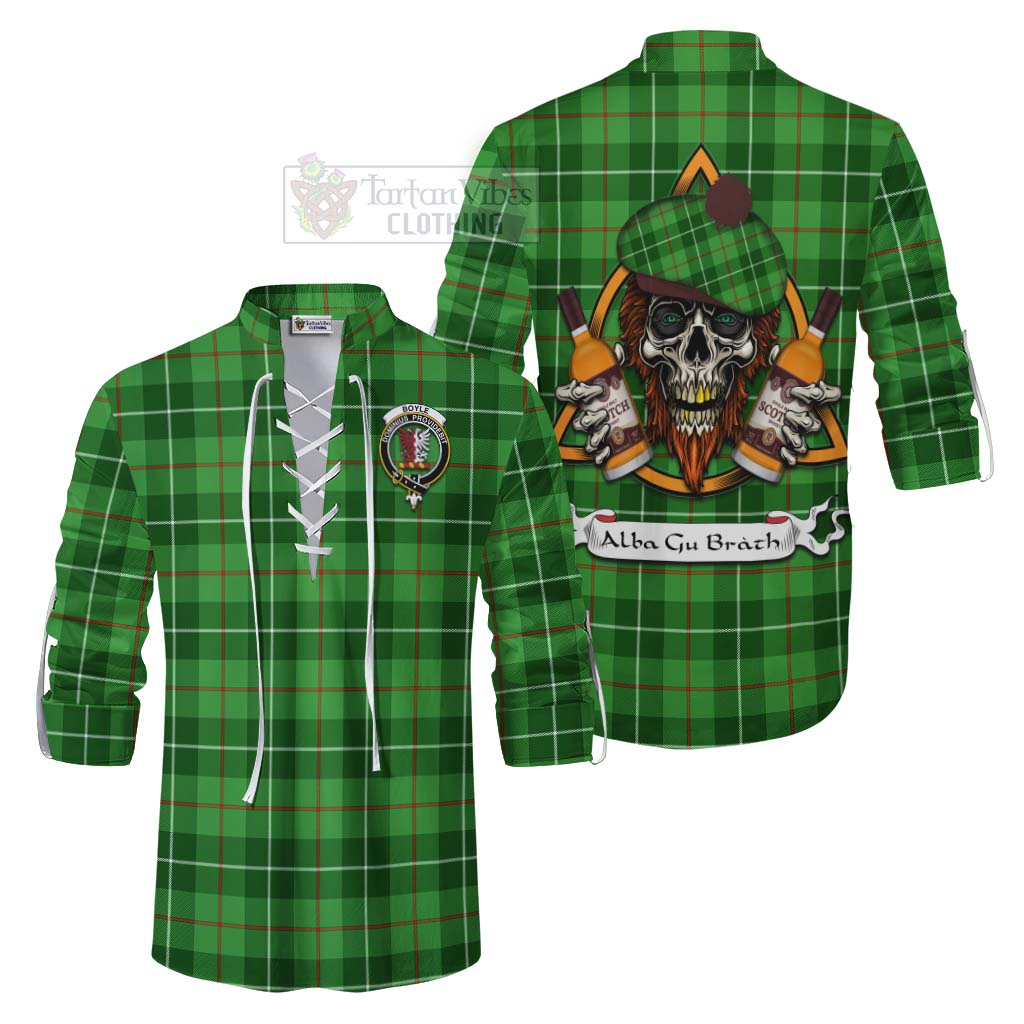 Tartan Vibes Clothing Boyle Tartan Ghillie Kilt Shirt with Family Crest and Bearded Skull Holding Bottles of Whiskey