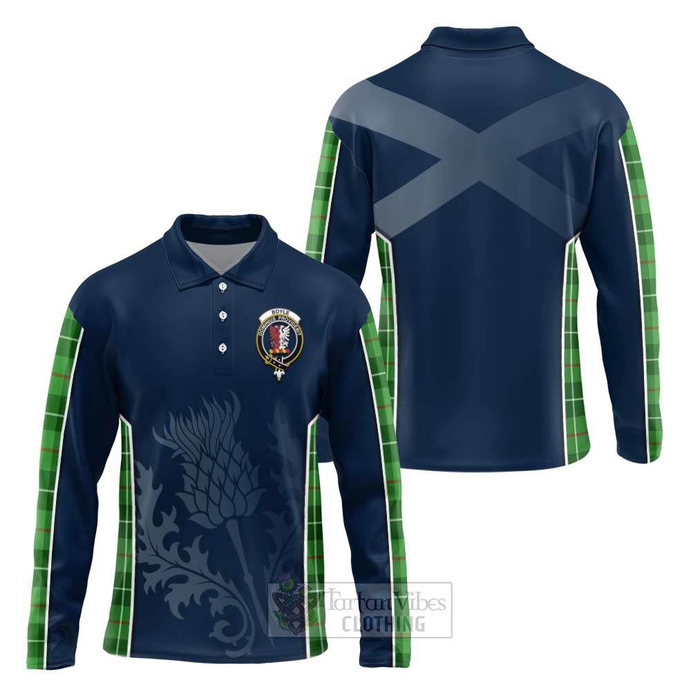 Tartan Vibes Clothing Boyle Tartan Long Sleeve Polo Shirt with Family Crest and Scottish Thistle Vibes Sport Style