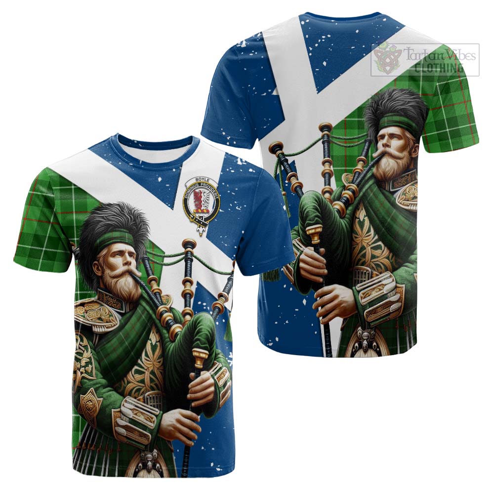 Tartan Vibes Clothing Boyle Tartan Cotton T-shirt with Family Crest Scottish Bagpiper Vibes