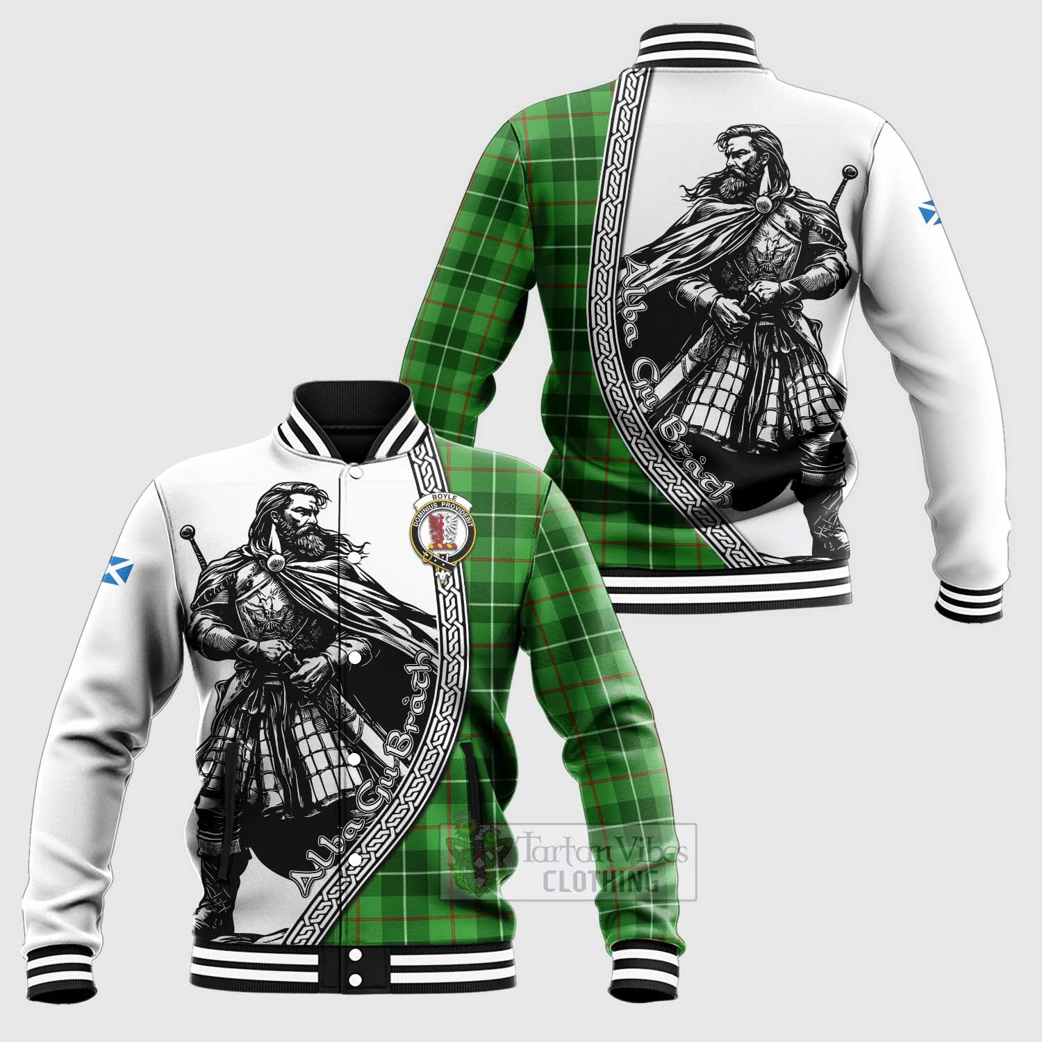 Tartan Vibes Clothing Boyle Tartan Clan Crest Baseball Jacket with Highlander Warrior Celtic Style