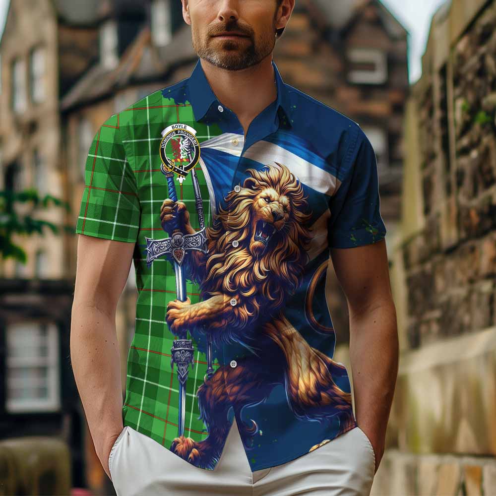 Tartan Vibes Clothing Boyle Tartan Family Crest Short Sleeve Button Shirt with Scottish Majestic Lion