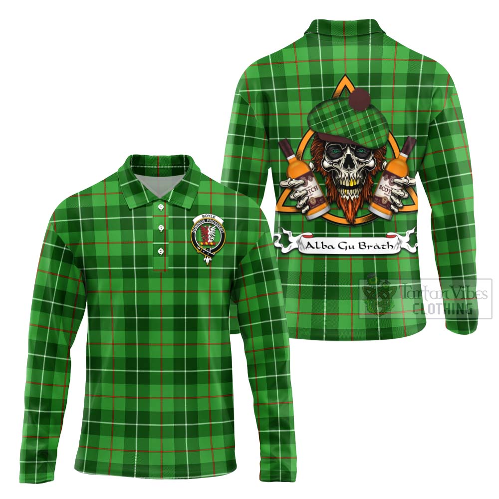 Tartan Vibes Clothing Boyle Tartan Long Sleeve Polo Shirt with Family Crest and Bearded Skull Holding Bottles of Whiskey