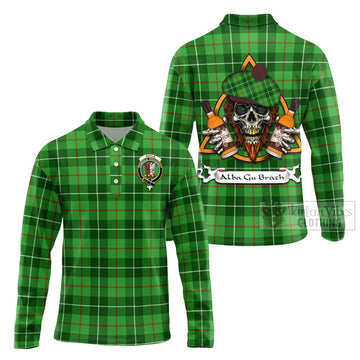 Boyle Tartan Long Sleeve Polo Shirt with Family Crest and Bearded Skull Holding Bottles of Whiskey