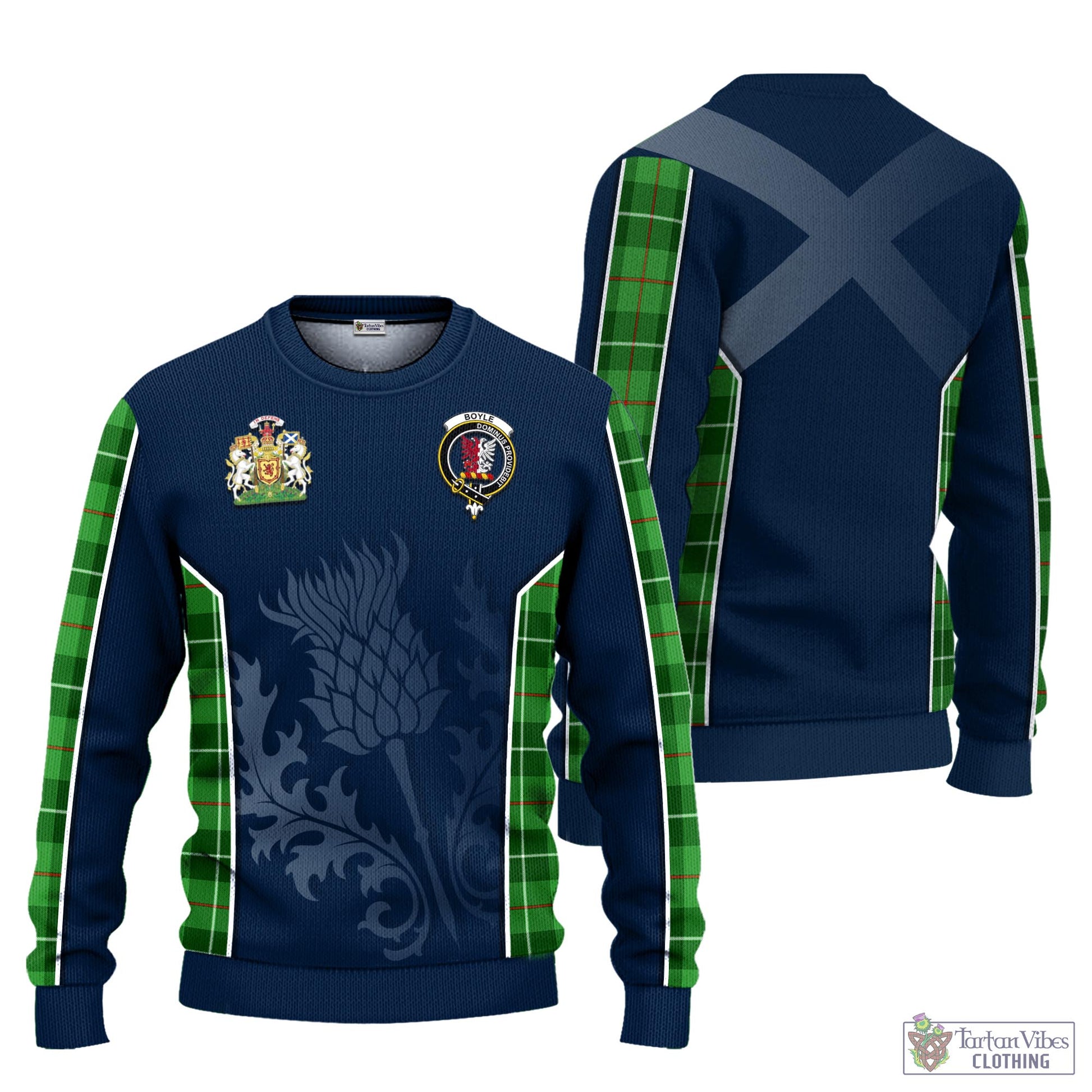 Tartan Vibes Clothing Boyle Tartan Knitted Sweatshirt with Family Crest and Scottish Thistle Vibes Sport Style