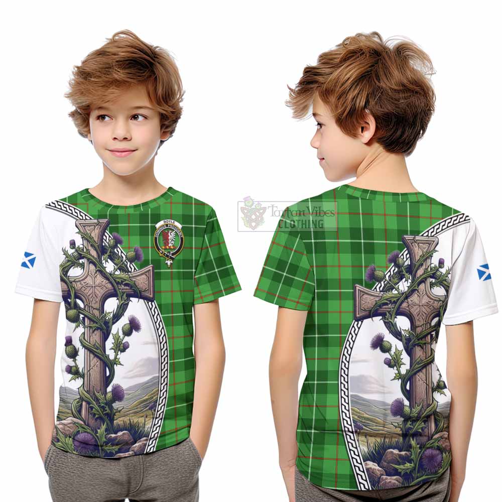 Tartan Vibes Clothing Boyle Tartan Kid T-Shirt with Family Crest and St. Andrew's Cross Accented by Thistle Vines