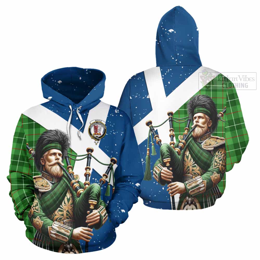 Tartan Vibes Clothing Boyle Tartan Hoodie with Family Crest Scottish Bagpiper Vibes