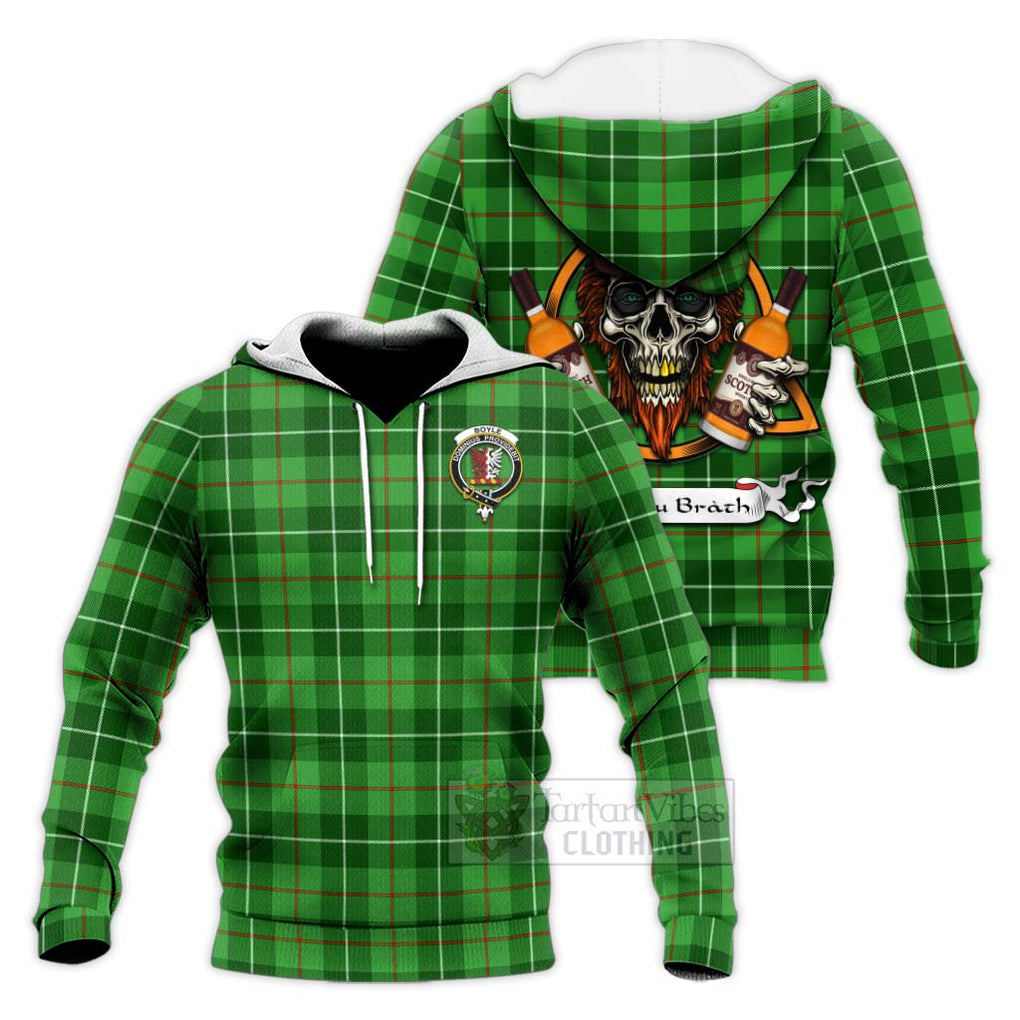 Tartan Vibes Clothing Boyle Tartan Knitted Hoodie with Family Crest and Bearded Skull Holding Bottles of Whiskey