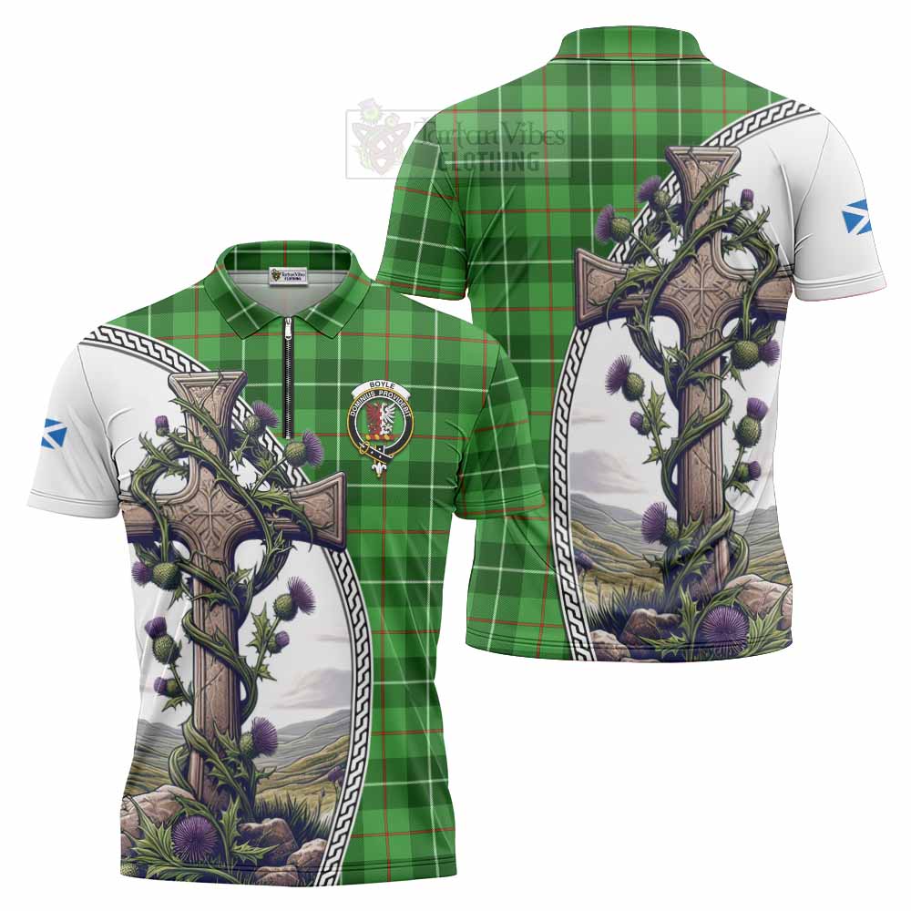 Tartan Vibes Clothing Boyle Tartan Zipper Polo Shirt with Family Crest and St. Andrew's Cross Accented by Thistle Vines