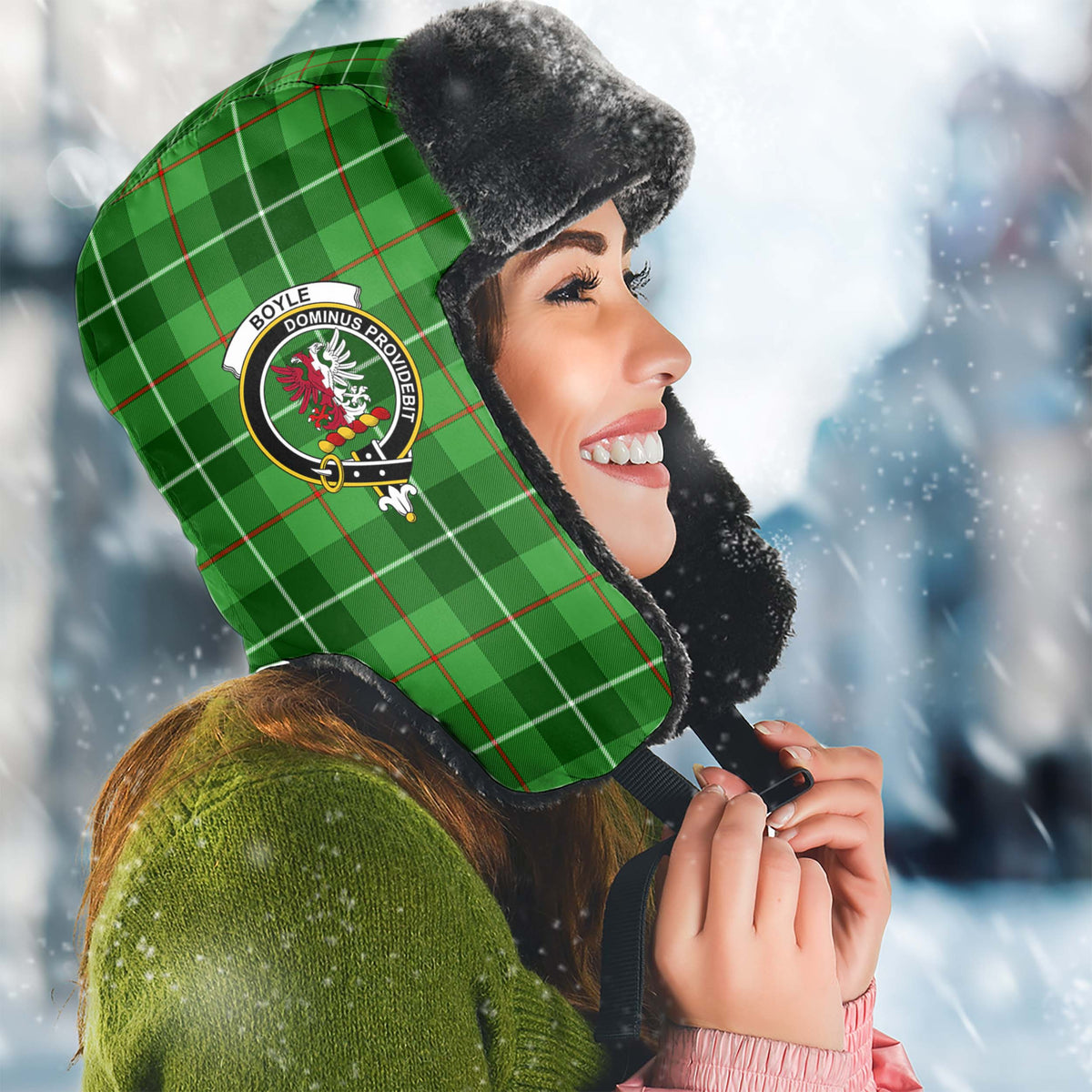 Boyle Tartan Winter Trapper Hat with Family Crest Winter Trapper Hat Universal Fit Circumference 22.8in (58cm) - Tartan Vibes Clothing