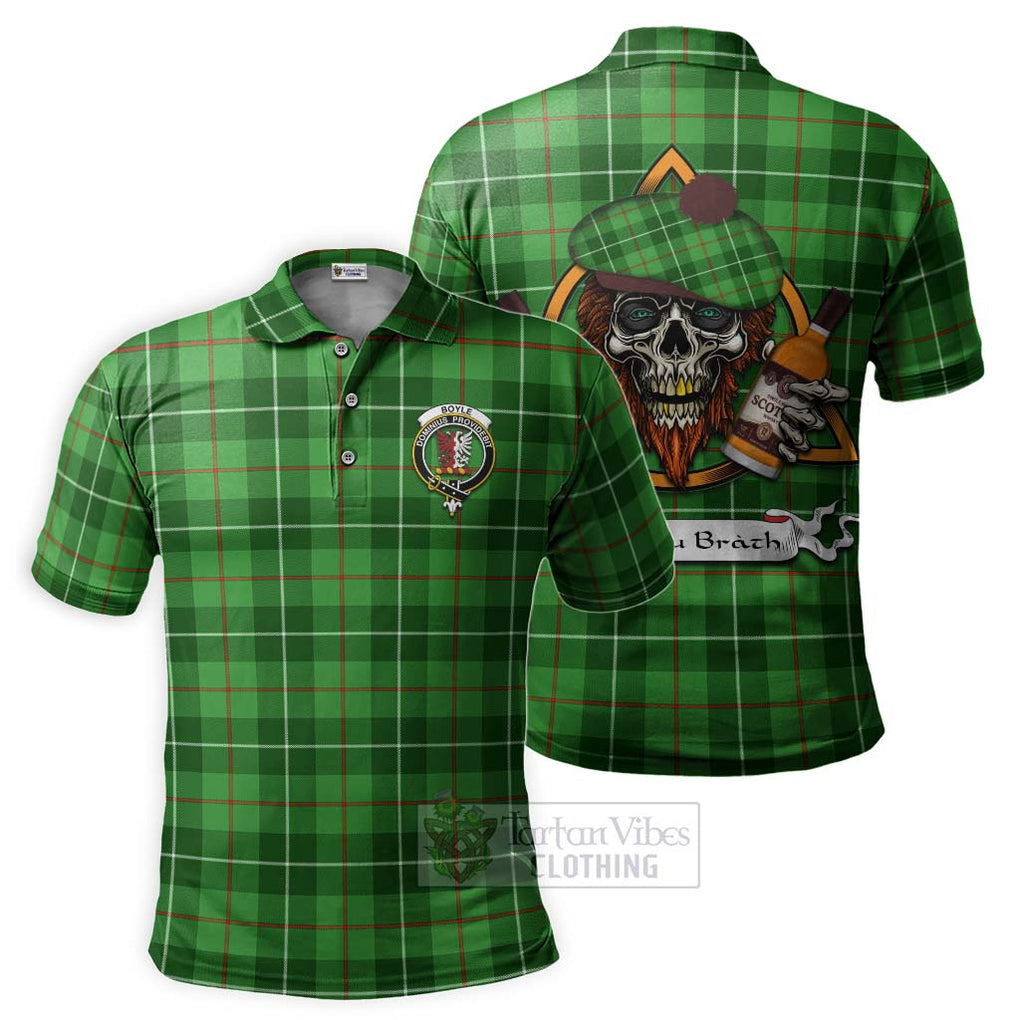 Tartan Vibes Clothing Boyle Tartan Polo Shirt with Family Crest and Bearded Skull Holding Bottles of Whiskey