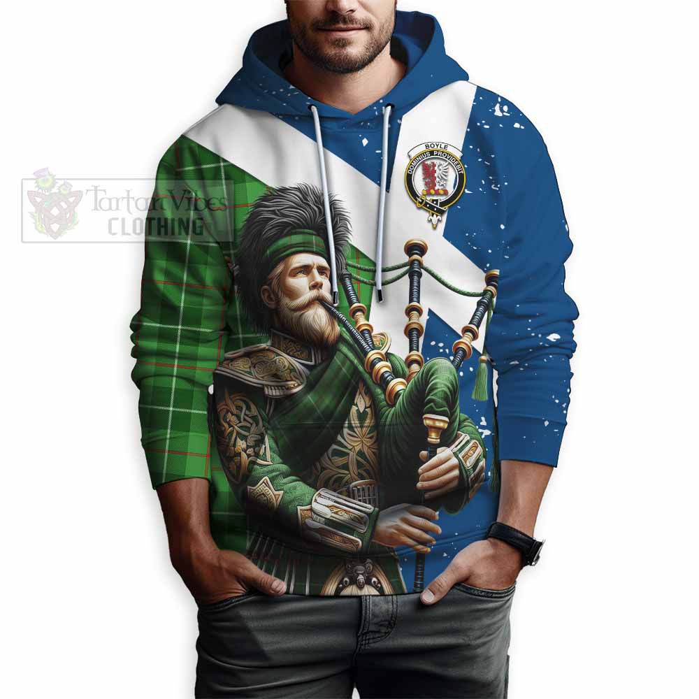 Tartan Vibes Clothing Boyle Tartan Hoodie with Family Crest Scottish Bagpiper Vibes