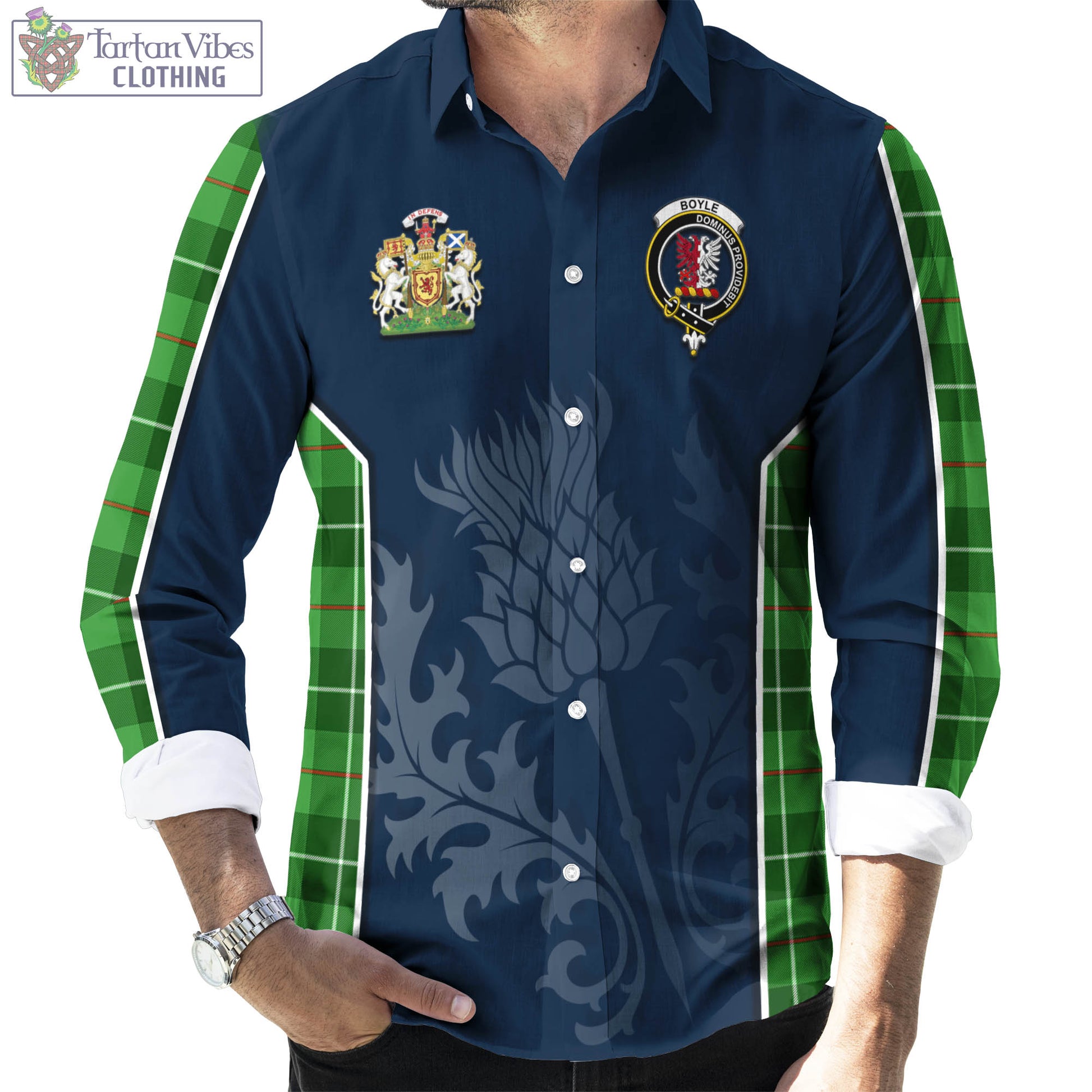 Tartan Vibes Clothing Boyle Tartan Long Sleeve Button Up Shirt with Family Crest and Scottish Thistle Vibes Sport Style