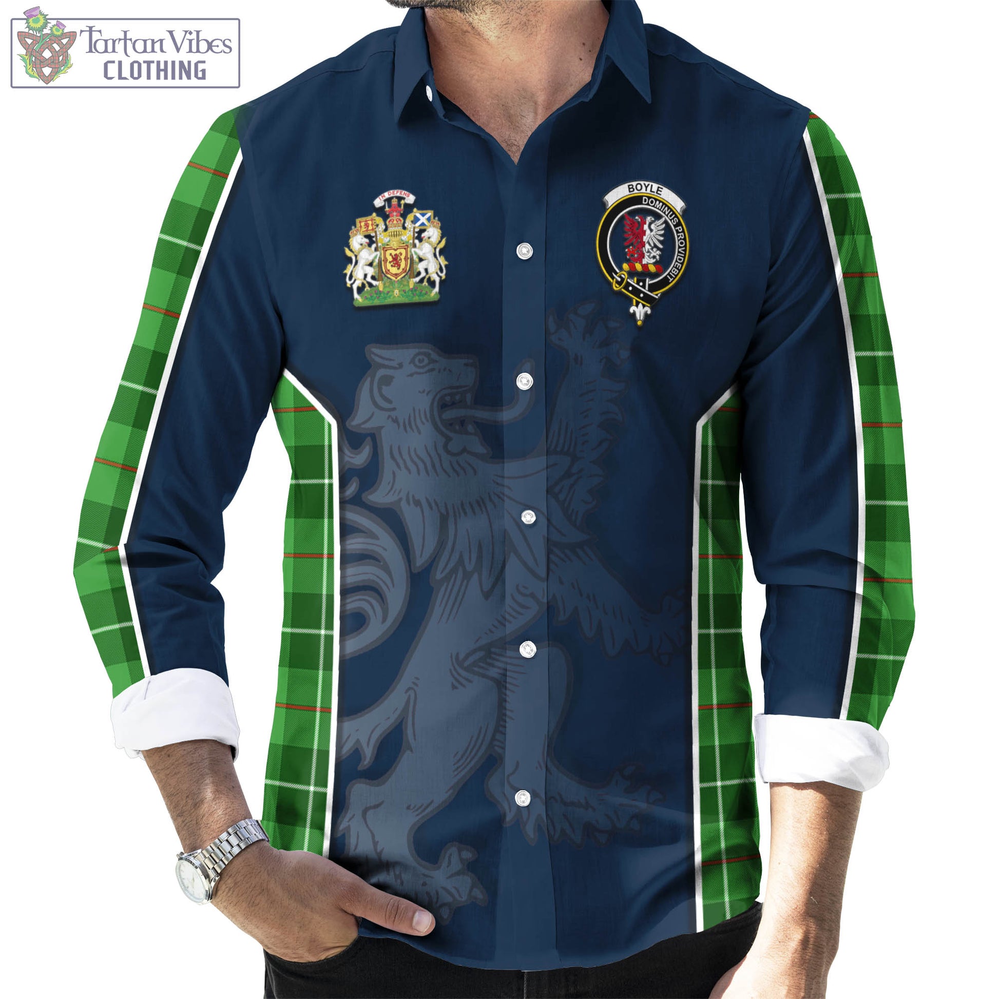 Boyle Tartan Long Sleeve Button Up Shirt with Family Crest and Lion Rampant Vibes Sport Style - Tartan Vibes Clothing