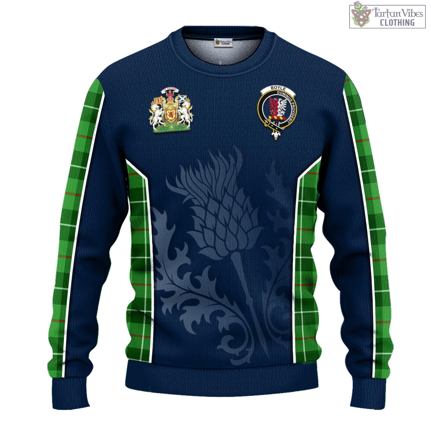 Tartan Vibes Clothing Boyle Tartan Knitted Sweatshirt with Family Crest and Scottish Thistle Vibes Sport Style