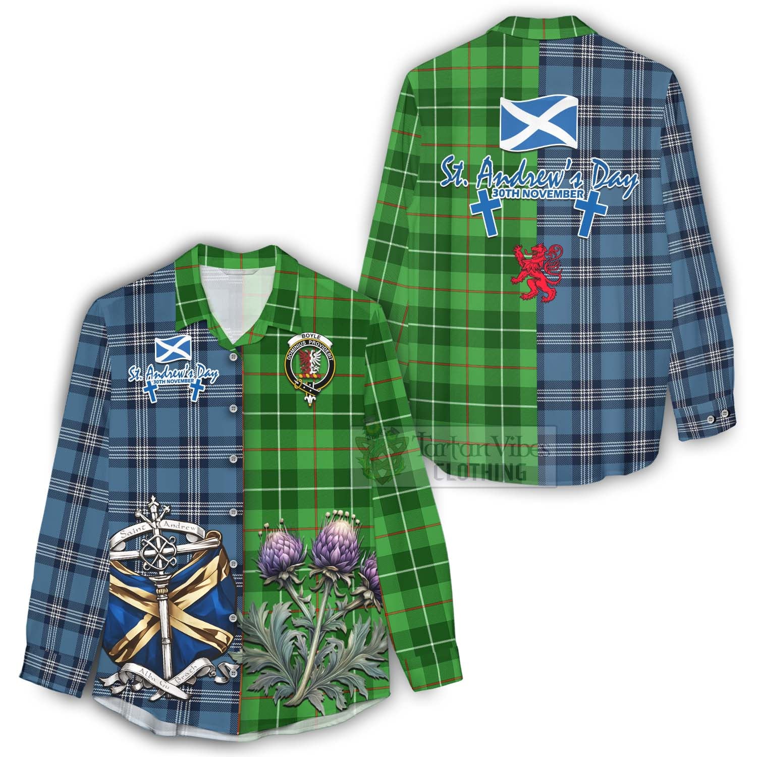 Tartan Vibes Clothing Boyle Tartan Women's Casual Shirt Happy St. Andrew's Day Half Tartan Style