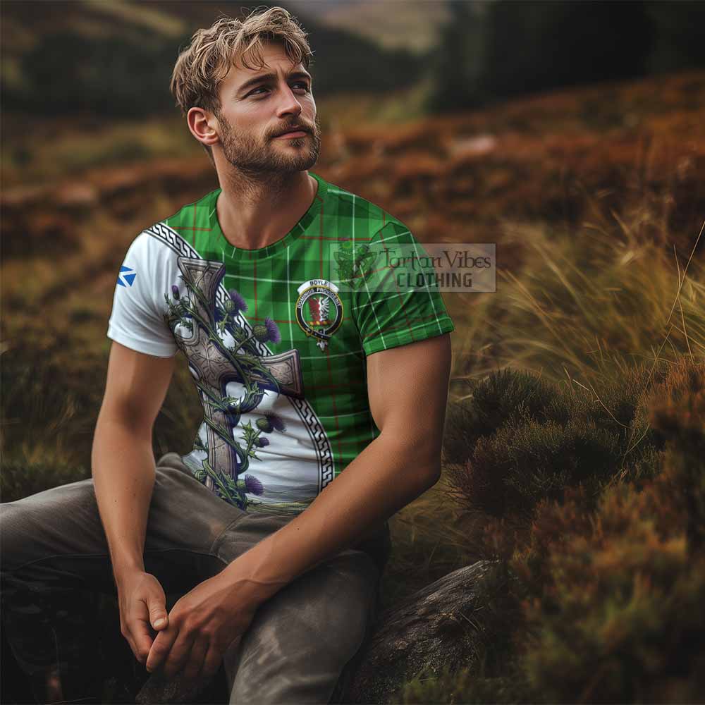 Tartan Vibes Clothing Boyle Agnew Tartan T-Shirt with Family Crest and St. Andrew's Cross Accented by Thistle Vines