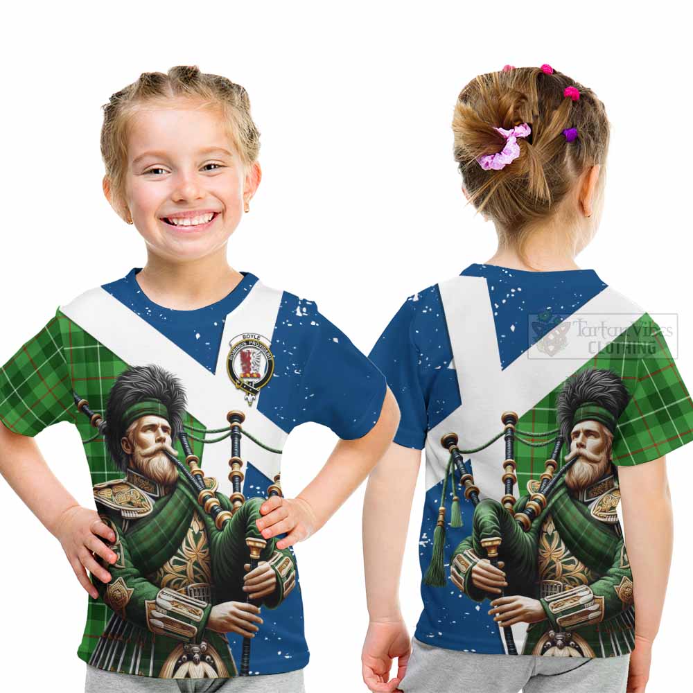 Tartan Vibes Clothing Boyle Tartan Kid T-Shirt with Family Crest Scottish Bagpiper Vibes