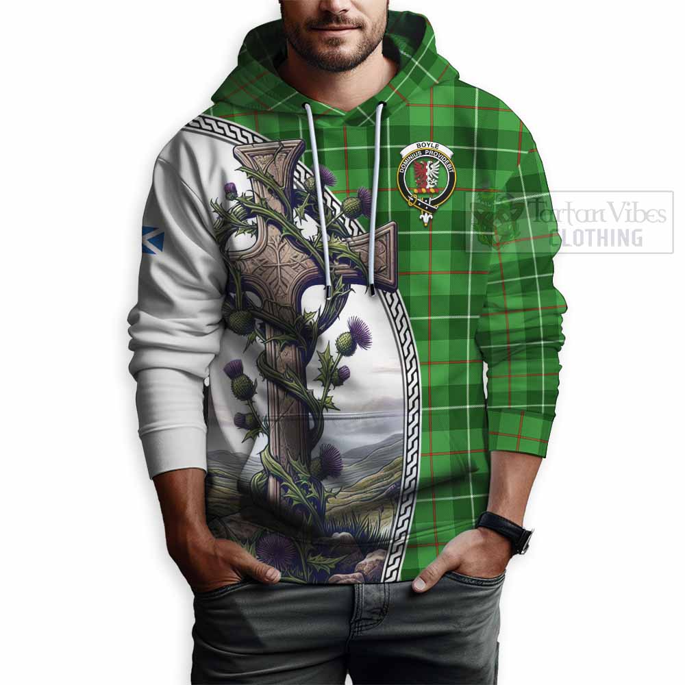 Tartan Vibes Clothing Boyle Tartan Hoodie with Family Crest and St. Andrew's Cross Accented by Thistle Vines