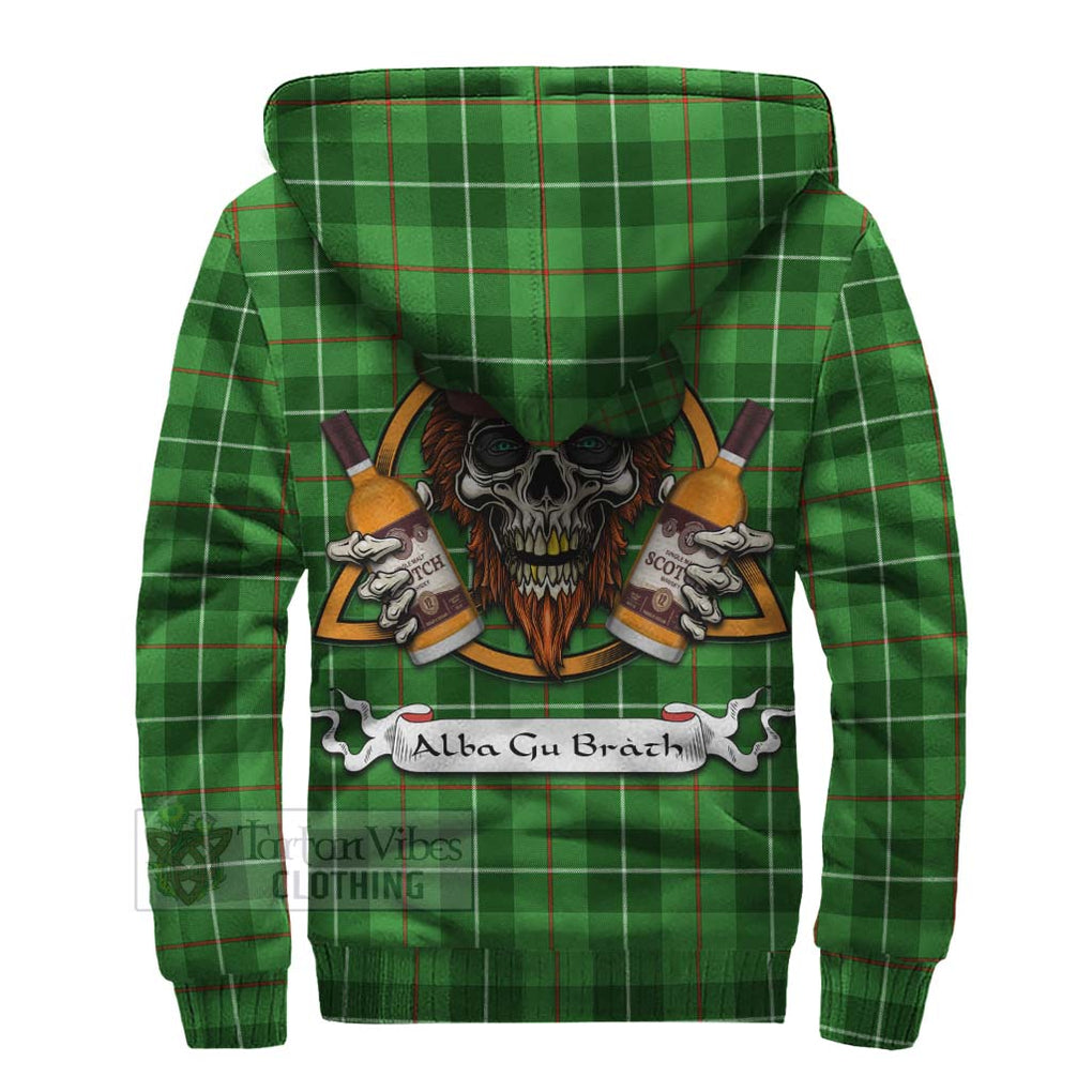 Tartan Vibes Clothing Boyle Tartan Sherpa Hoodie with Family Crest and Bearded Skull Holding Bottles of Whiskey