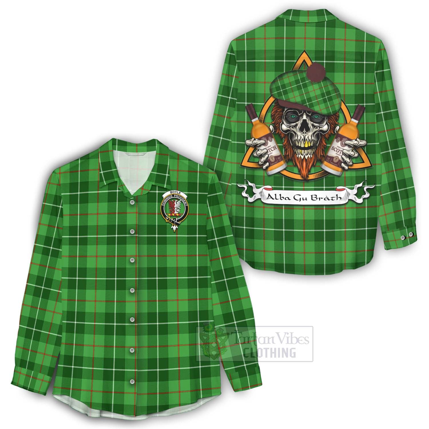 Tartan Vibes Clothing Boyle Tartan Women's Casual Shirt with Family Crest and Bearded Skull Holding Bottles of Whiskey