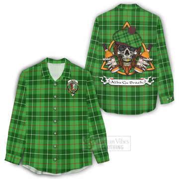 Boyle Tartan Women's Casual Shirt with Family Crest and Bearded Skull Holding Bottles of Whiskey