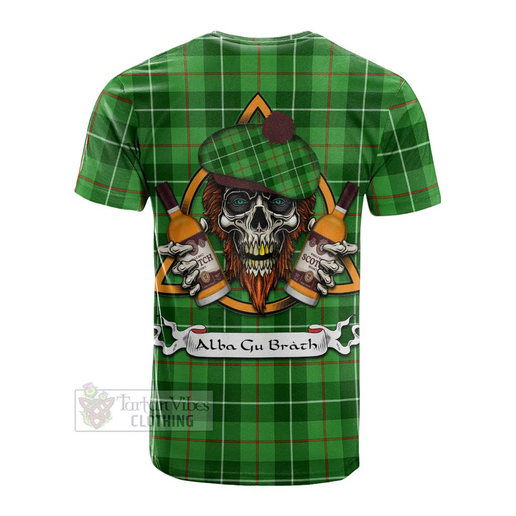 Tartan Vibes Clothing Boyle Tartan Cotton T-shirt with Family Crest and Bearded Skull Holding Bottles of Whiskey