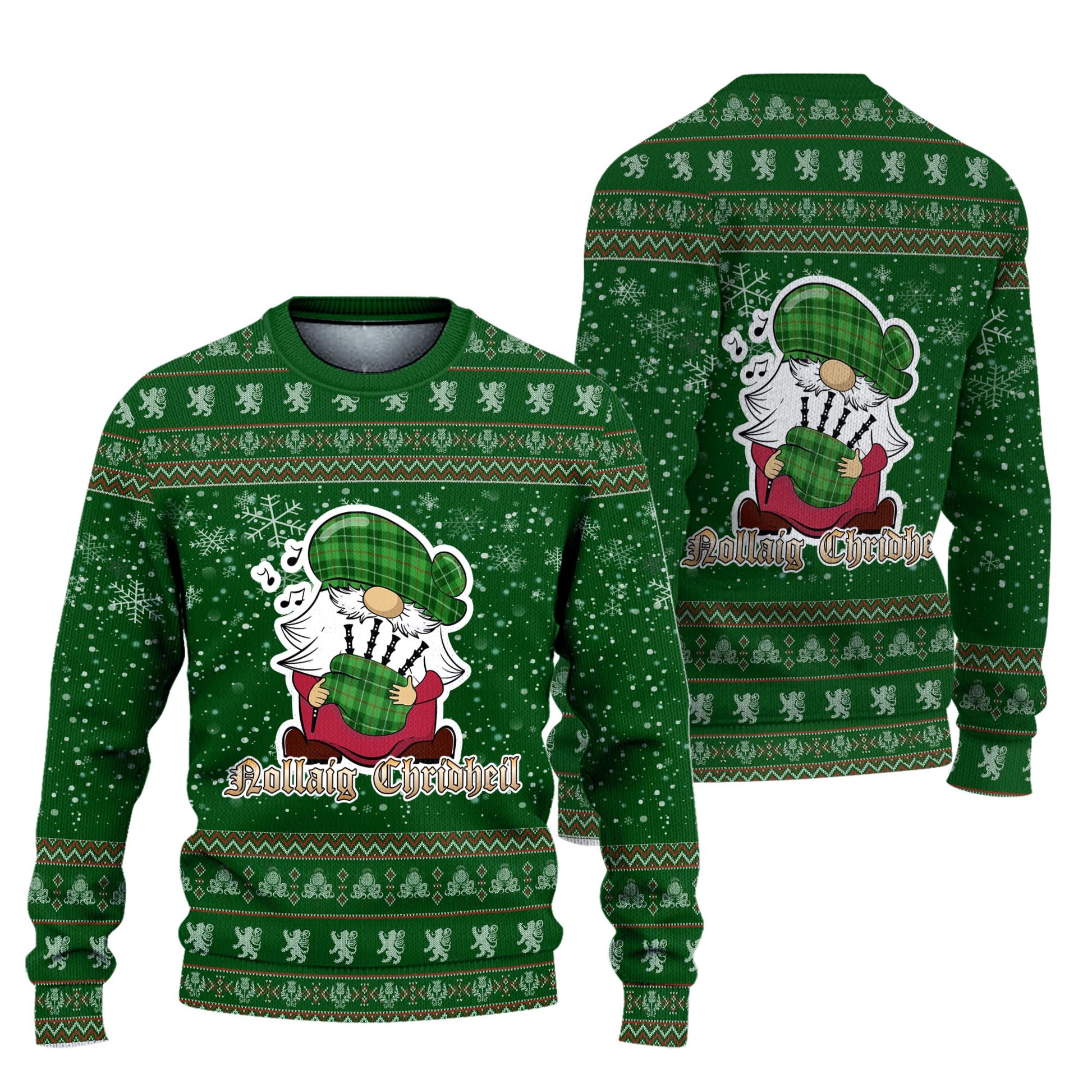 Boyle Clan Christmas Family Knitted Sweater with Funny Gnome Playing Bagpipes Unisex Green - Tartanvibesclothing