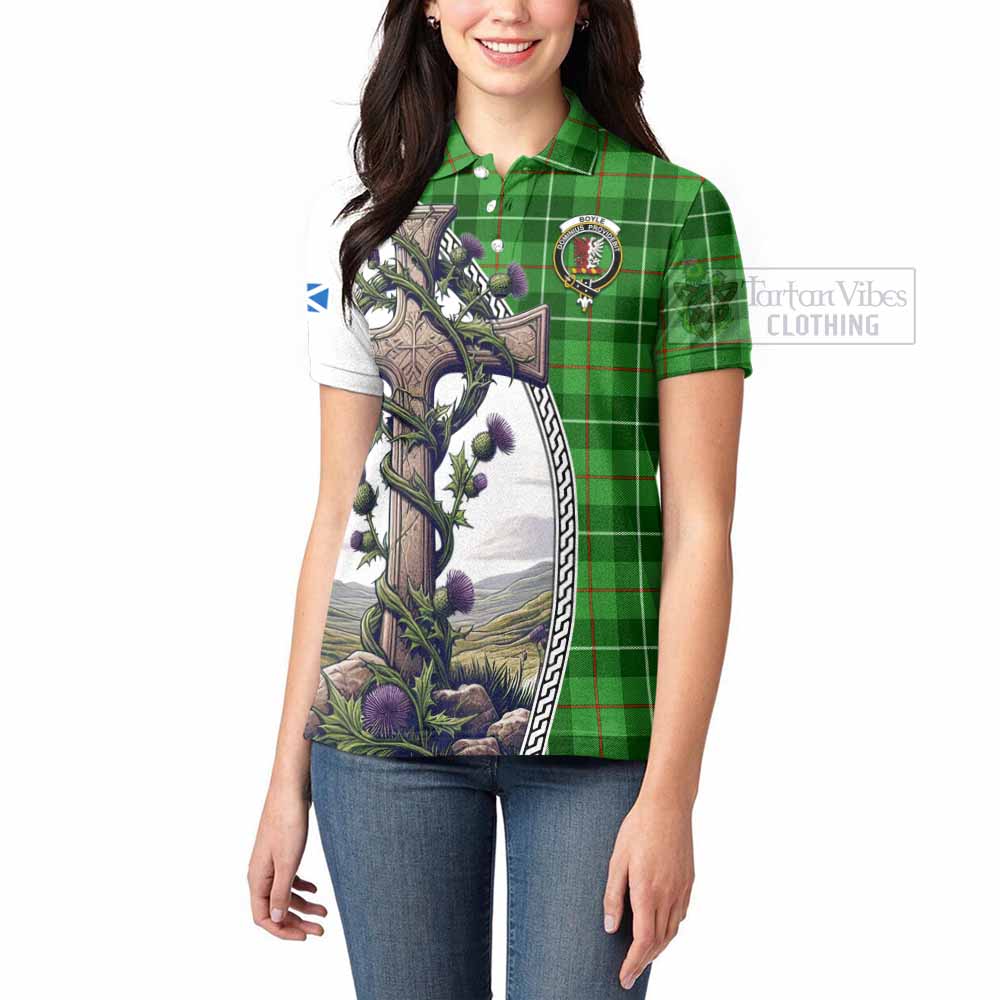 Tartan Vibes Clothing Boyle Tartan Women's Polo Shirt with Family Crest and St. Andrew's Cross Accented by Thistle Vines