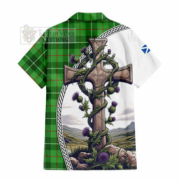 Boyle Tartan Short Sleeve Button Shirt with Family Crest and St. Andrew's Cross Accented by Thistle Vines