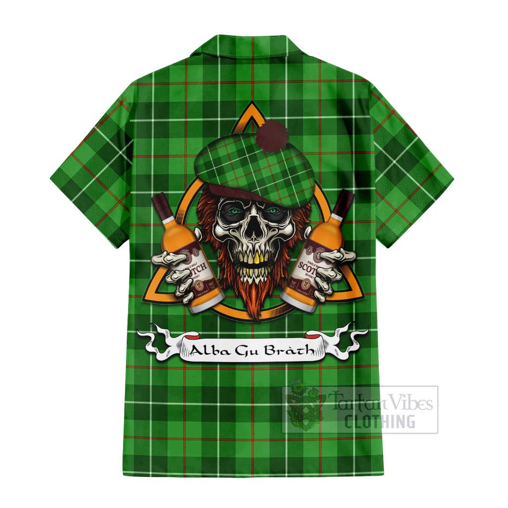 Tartan Vibes Clothing Boyle Tartan Short Sleeve Button Shirt with Family Crest and Bearded Skull Holding Bottles of Whiskey