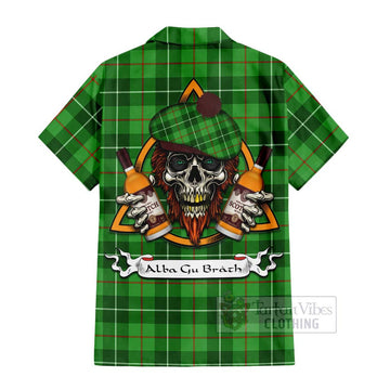 Boyle Tartan Short Sleeve Button Shirt with Family Crest and Bearded Skull Holding Bottles of Whiskey