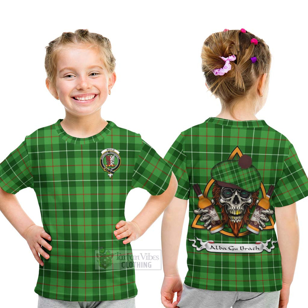 Tartan Vibes Clothing Boyle Tartan Kid T-Shirt with Family Crest and Bearded Skull Holding Bottles of Whiskey