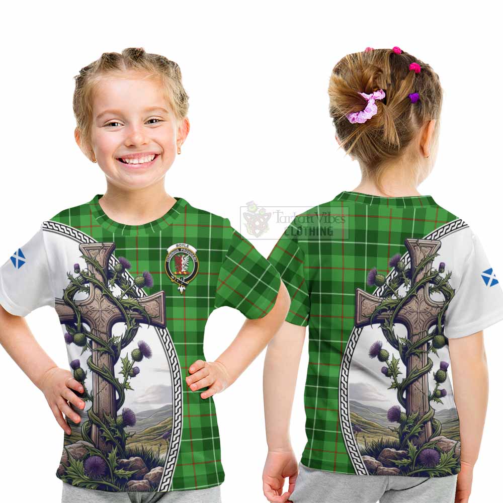 Tartan Vibes Clothing Boyle Tartan Kid T-Shirt with Family Crest and St. Andrew's Cross Accented by Thistle Vines