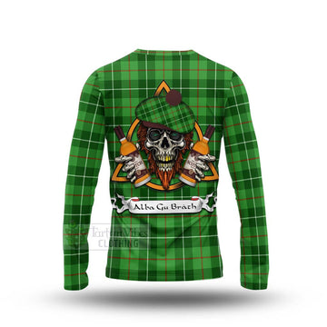 Boyle Tartan Long Sleeve T-Shirt with Family Crest and Bearded Skull Holding Bottles of Whiskey