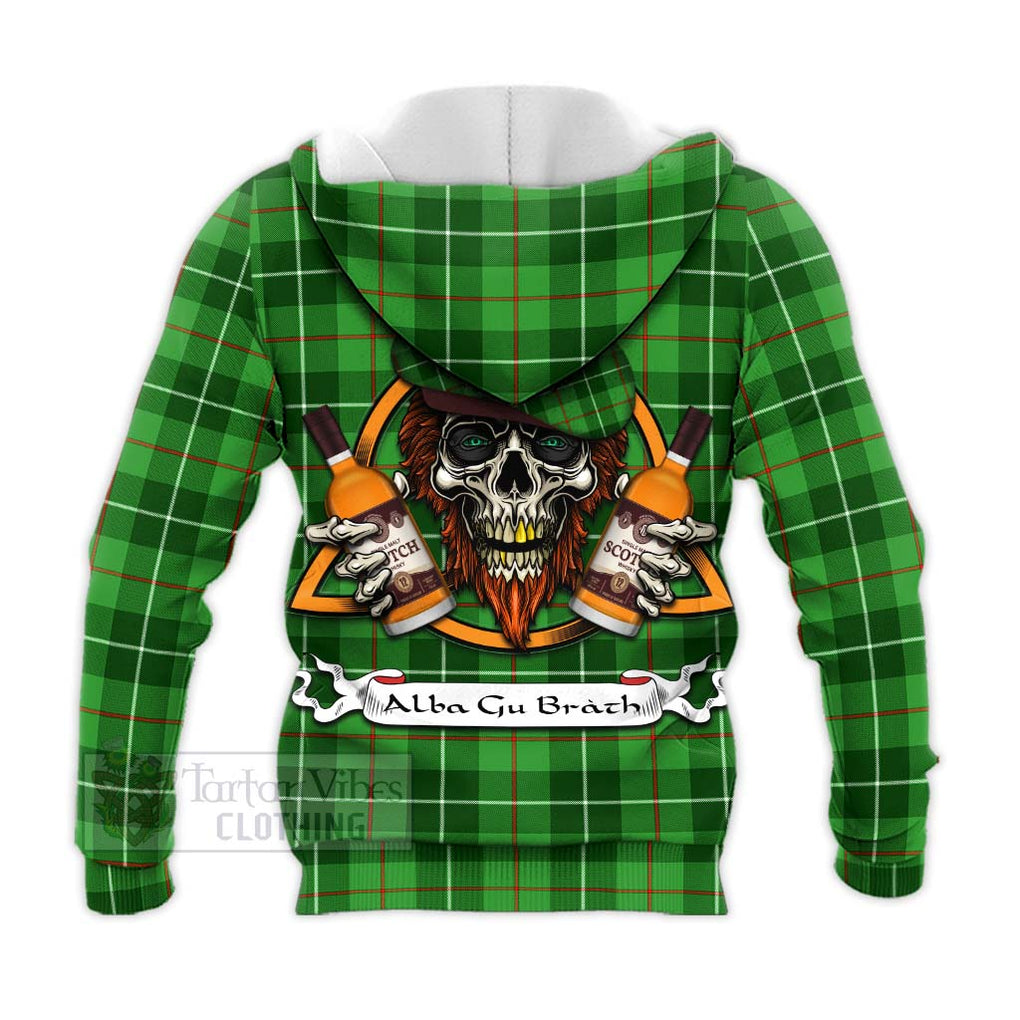 Tartan Vibes Clothing Boyle Tartan Knitted Hoodie with Family Crest and Bearded Skull Holding Bottles of Whiskey