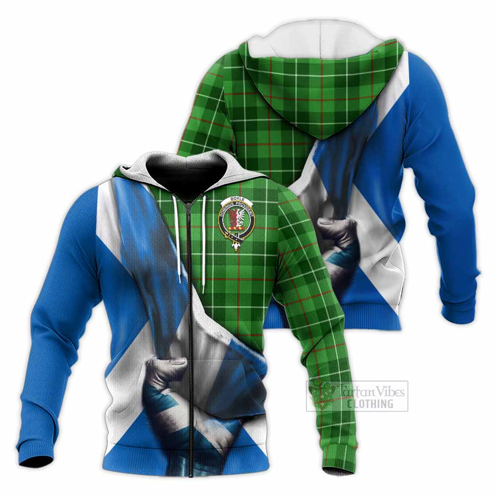 Tartan Vibes Clothing Boyle Tartan Knitted Hoodie with Family Crest Scotland Patriotic Style