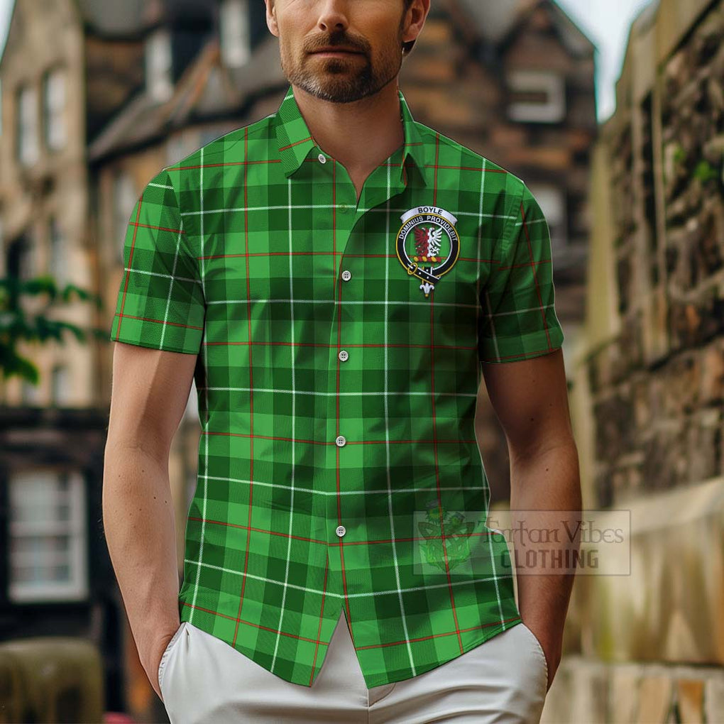 Tartan Vibes Clothing Boyle Tartan Short Sleeve Button Shirt with Family Crest and Bearded Skull Holding Bottles of Whiskey