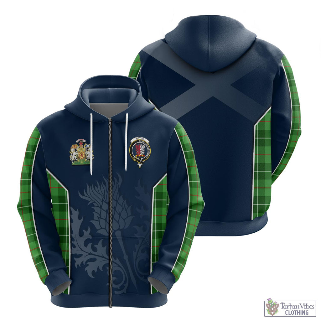 Tartan Vibes Clothing Boyle Tartan Hoodie with Family Crest and Scottish Thistle Vibes Sport Style