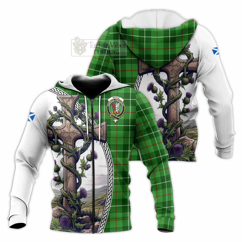 Tartan Vibes Clothing Boyle Tartan Knitted Hoodie with Family Crest and St. Andrew's Cross Accented by Thistle Vines