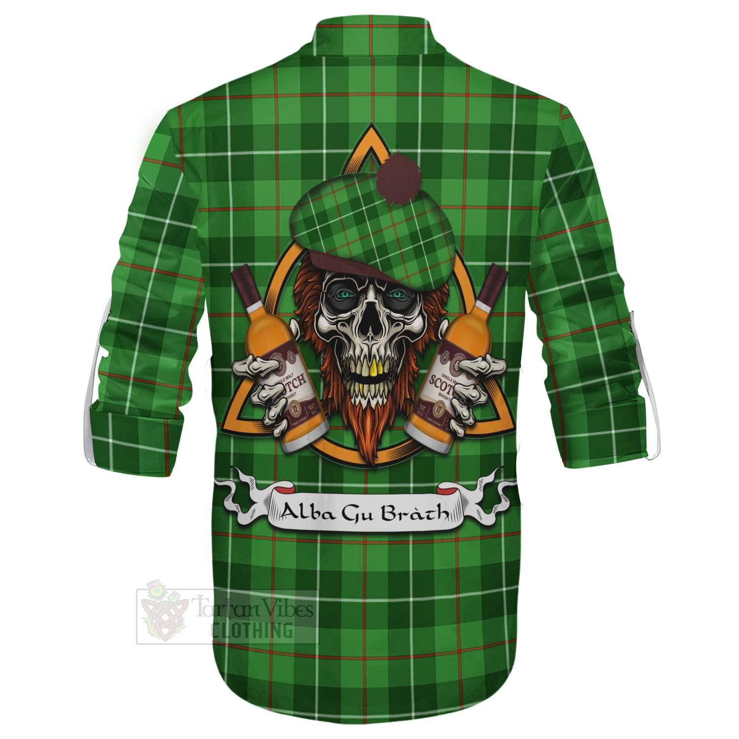 Tartan Vibes Clothing Boyle Tartan Ghillie Kilt Shirt with Family Crest and Bearded Skull Holding Bottles of Whiskey