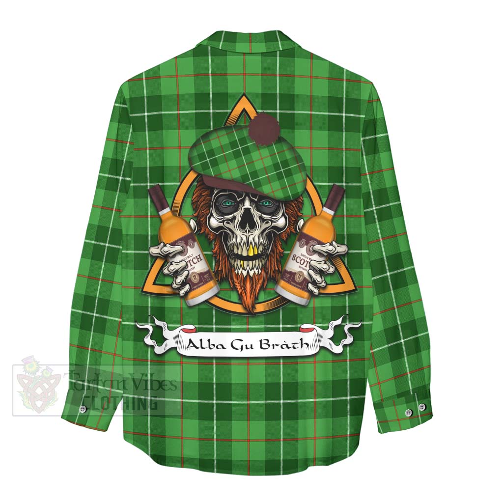 Tartan Vibes Clothing Boyle Tartan Women's Casual Shirt with Family Crest and Bearded Skull Holding Bottles of Whiskey