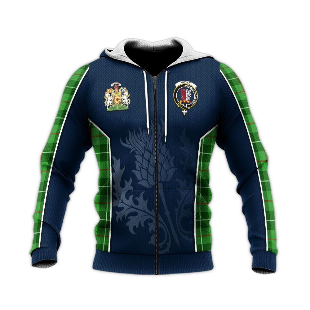 Tartan Vibes Clothing Boyle Tartan Knitted Hoodie with Family Crest and Scottish Thistle Vibes Sport Style