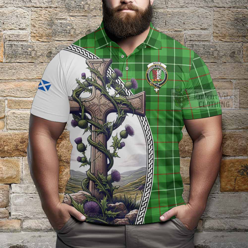 Tartan Vibes Clothing Boyle Tartan Polo Shirt with Family Crest and St. Andrew's Cross Accented by Thistle Vines