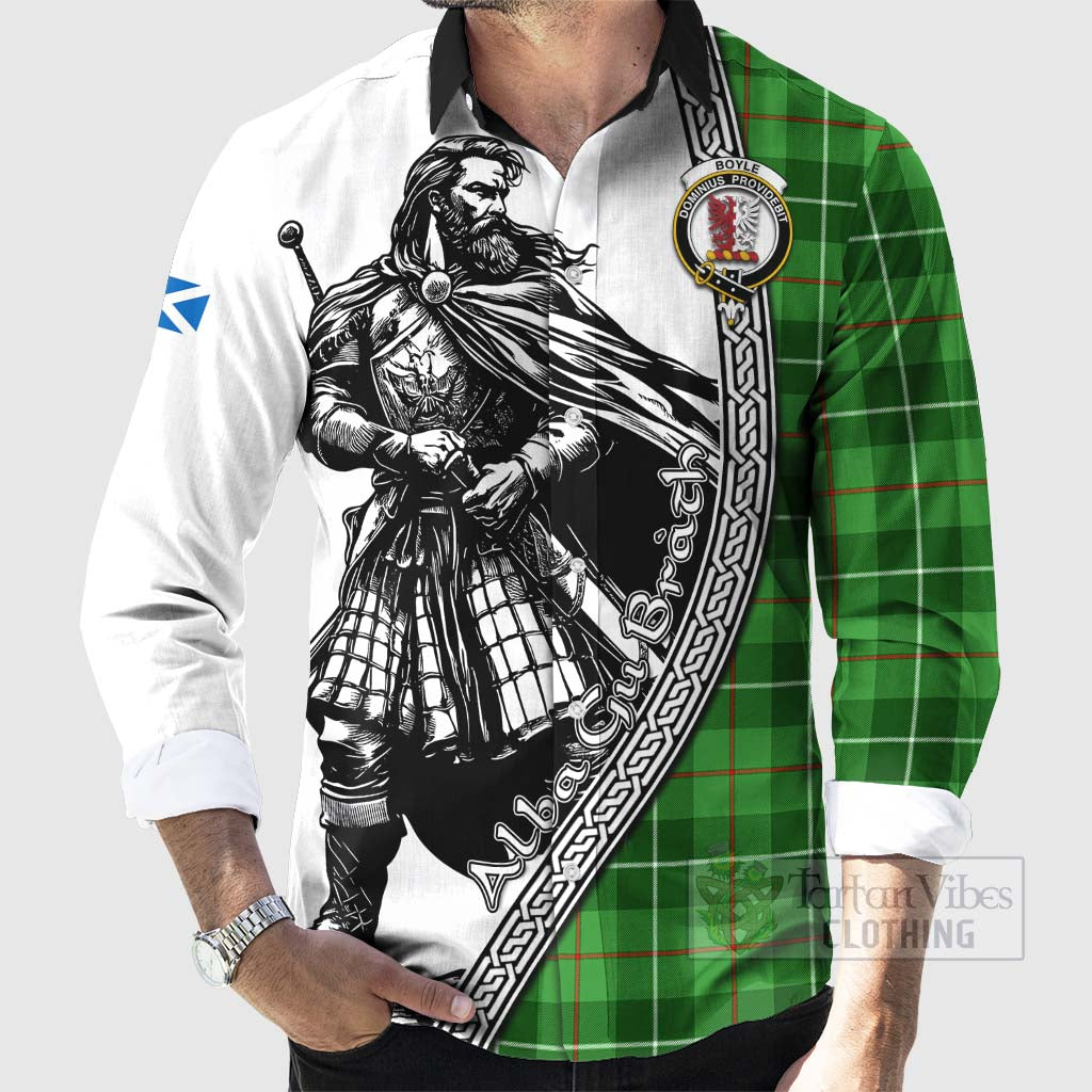 Tartan Vibes Clothing Boyle Tartan Clan Crest Long Sleeve Button Shirt with Highlander Warrior Celtic Style