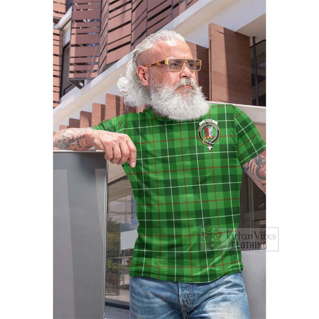 Tartan Vibes Clothing Boyle Tartan Cotton T-shirt with Family Crest and Bearded Skull Holding Bottles of Whiskey