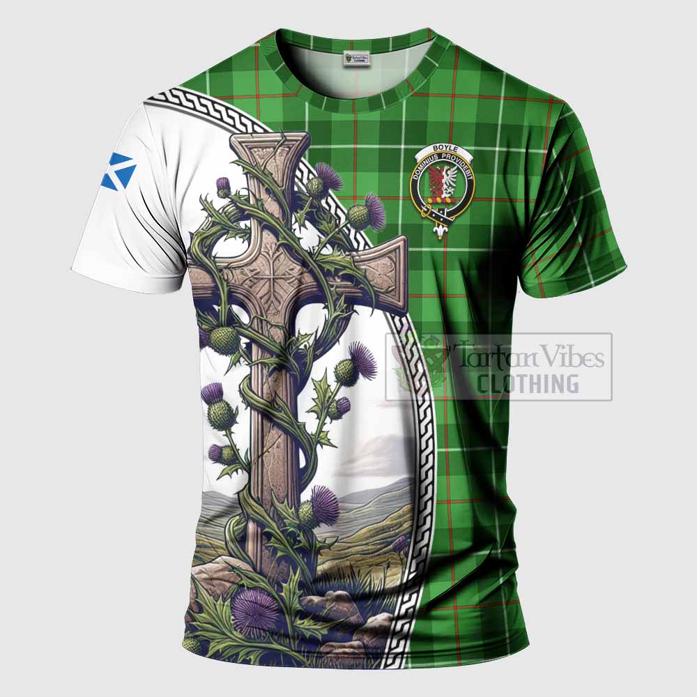 Tartan Vibes Clothing Boyle Agnew Tartan T-Shirt with Family Crest and St. Andrew's Cross Accented by Thistle Vines