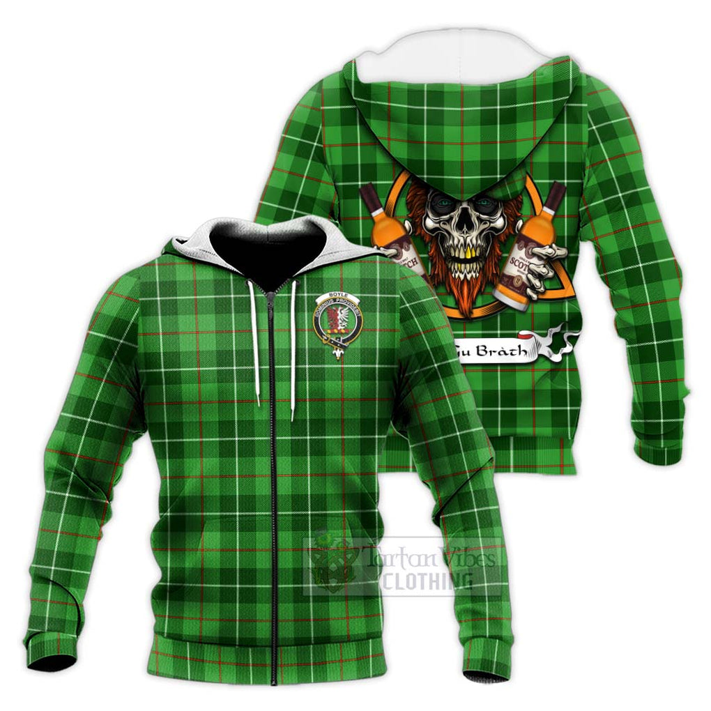 Tartan Vibes Clothing Boyle Tartan Knitted Hoodie with Family Crest and Bearded Skull Holding Bottles of Whiskey