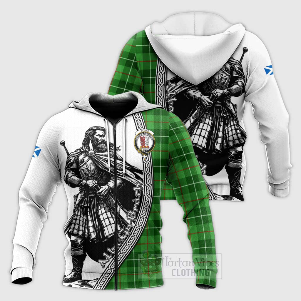 Tartan Vibes Clothing Boyle Tartan Clan Crest Knitted Hoodie with Highlander Warrior Celtic Style